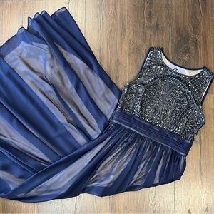 JS‎ Collections Formal Beaded Chiffon Navy Blue Maxi Dress SZ 6